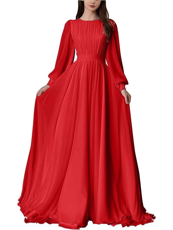 Elegant Round Neck Lantern Long Sleeve Wedding Dress, Shimmer Pearl Chiffon Flowy Floor Length Maxi Gown, Formal Evening Bridal Party Dress Available in Multiple Colors S-XXL