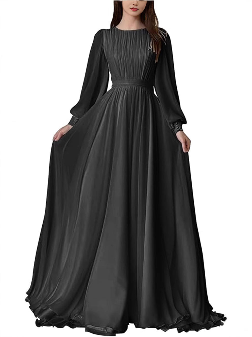 Elegant Round Neck Lantern Long Sleeve Wedding Dress, Shimmer Pearl Chiffon Flowy Floor Length Maxi Gown, Formal Evening Bridal Party Dress Available in Multiple Colors S-XXL