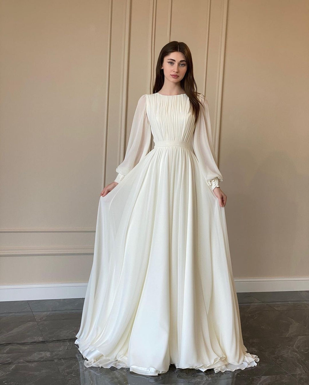 Elegant Round Neck Lantern Long Sleeve Wedding Dress, Shimmer Pearl Chiffon Flowy Floor Length Maxi Gown, Formal Evening Bridal Party Dress Available in Multiple Colors S-XXL