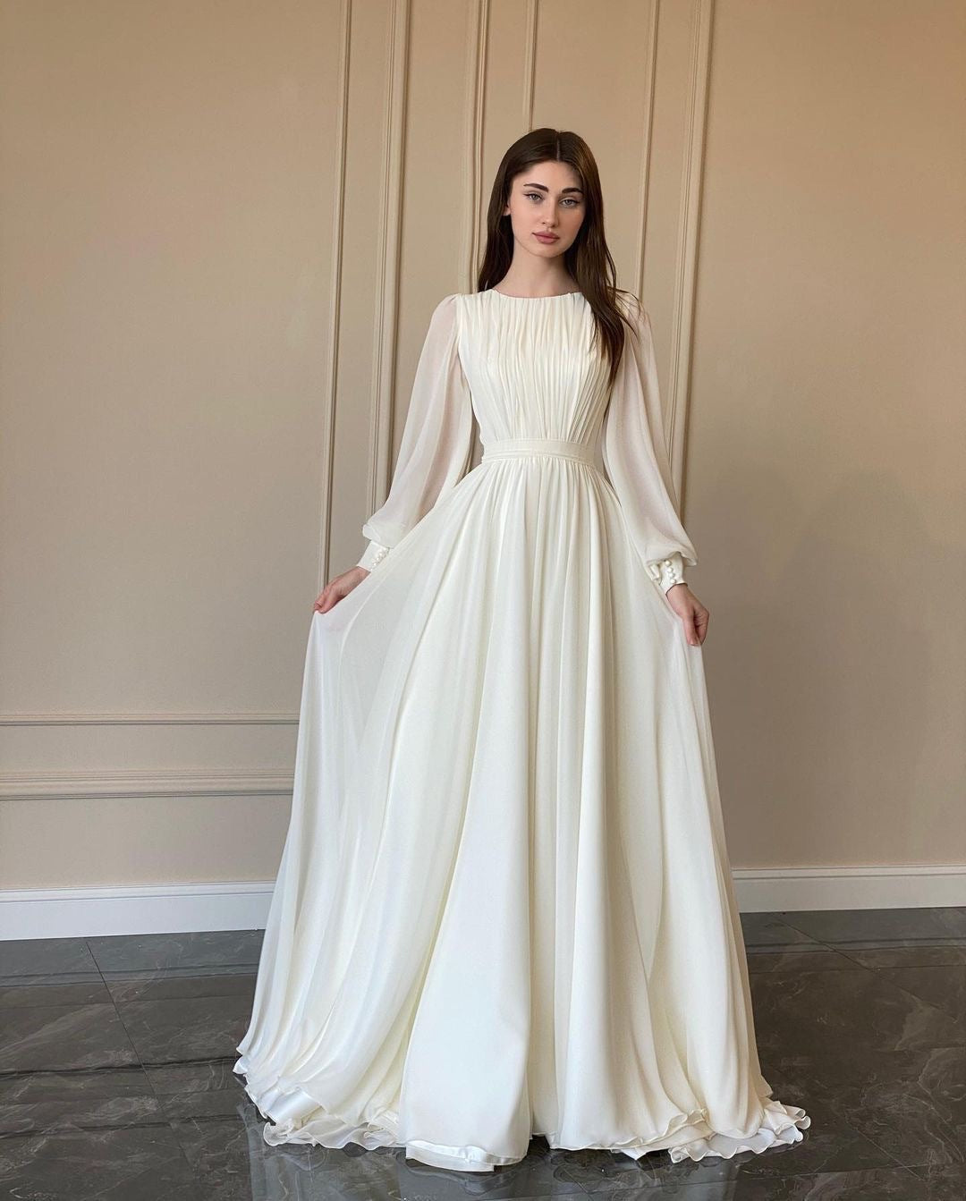Elegant Round Neck Lantern Long Sleeve Wedding Dress, Shimmer Pearl Chiffon Flowy Floor Length Maxi Gown, Formal Evening Bridal Party Dress Available in Multiple Colors S-XXL