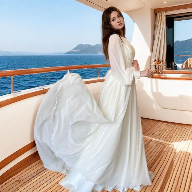 Elegant Round Neck Lantern Long Sleeve Wedding Dress, Shimmer Pearl Chiffon Flowy Floor Length Maxi Gown, Formal Evening Bridal Party Dress Available in Multiple Colors S-XXL
