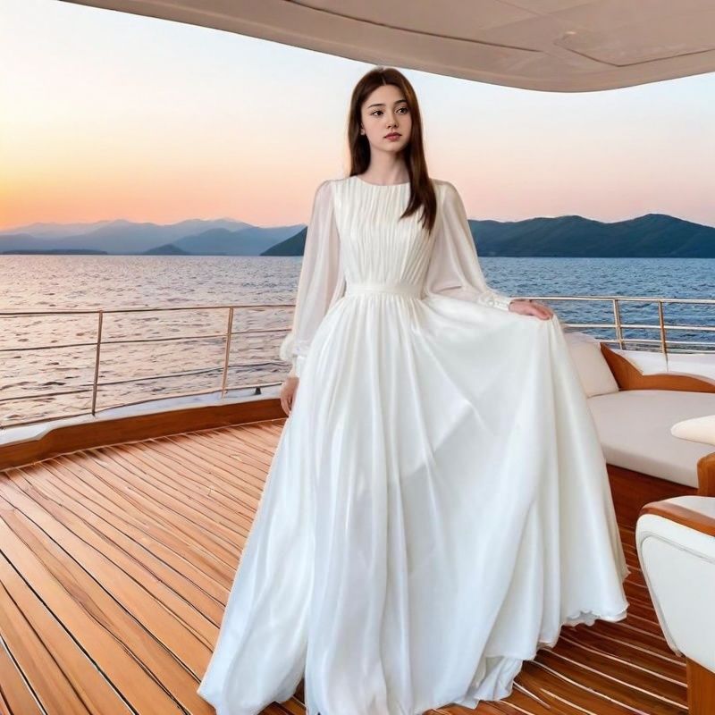Gaun Pengantin Elegan Berkerah Bulat dengan Lengan Lonceng Panjang, Gaun Maxi Menjuntai dari Kain Sifon Mutiara Berkilau dengan Panjang Menyentuh Lantai, Gaun Pesta Pernikahan Formal Tersedia dalam Berbagai Warna Ukuran S-XXL