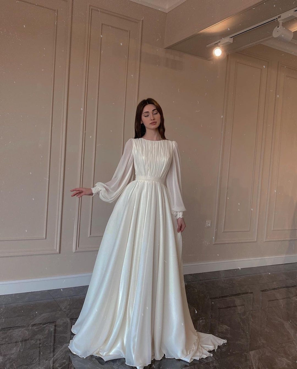 Elegant Round Neck Lantern Long Sleeve Wedding Dress, Shimmer Pearl Chiffon Flowy Floor Length Maxi Gown, Formal Evening Bridal Party Dress Available in Multiple Colors S-XXL