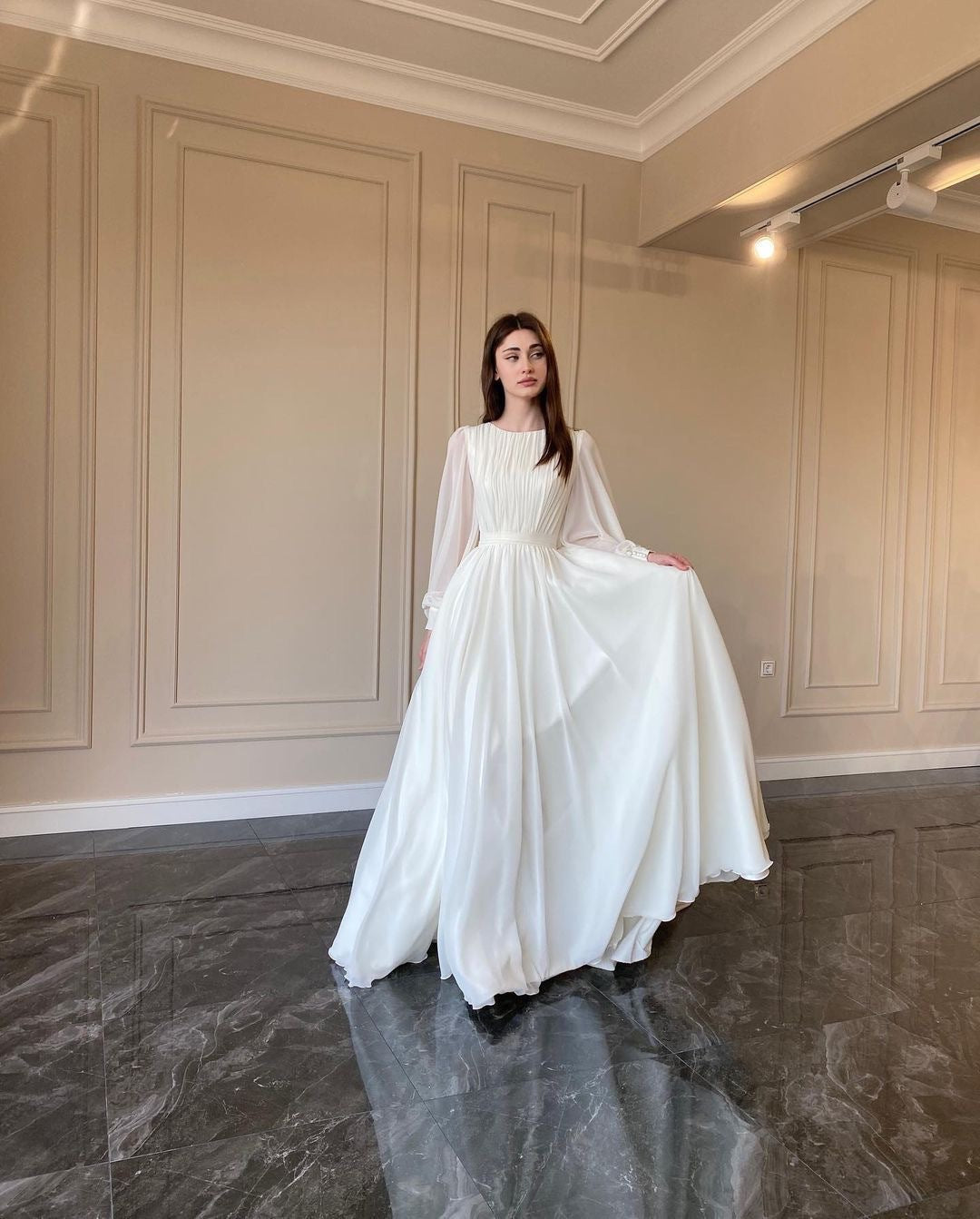 Elegant Round Neck Lantern Long Sleeve Wedding Dress, Shimmer Pearl Chiffon Flowy Floor Length Maxi Gown, Formal Evening Bridal Party Dress Available in Multiple Colors S-XXL