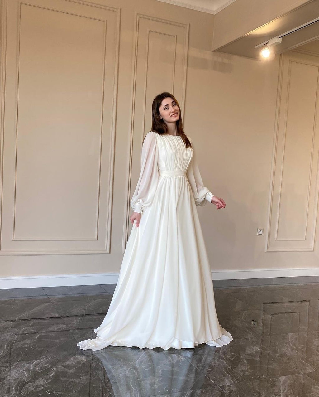 Elegant Round Neck Lantern Long Sleeve Wedding Dress, Shimmer Pearl Chiffon Flowy Floor Length Maxi Gown, Formal Evening Bridal Party Dress Available in Multiple Colors S-XXL