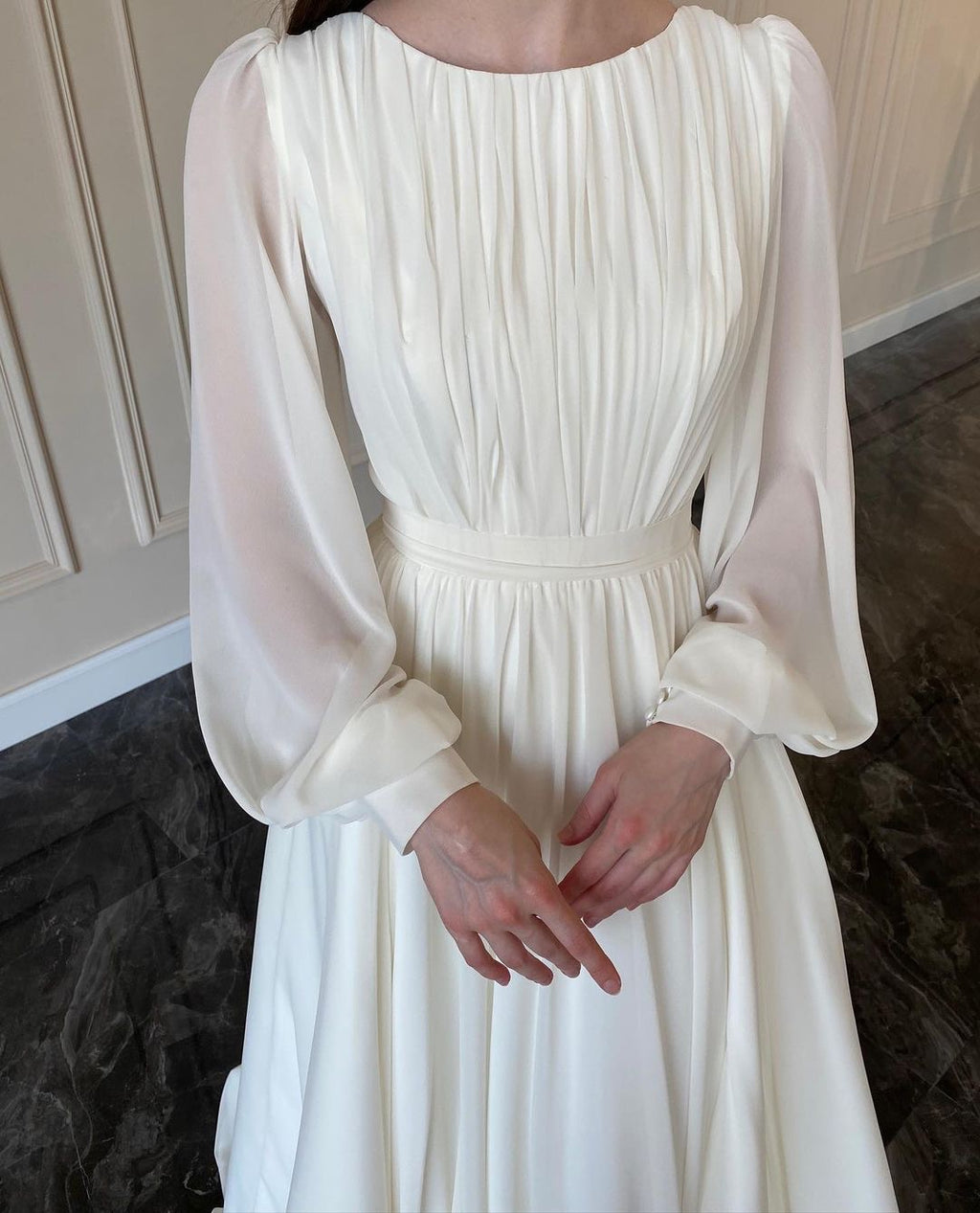 Elegant Round Neck Lantern Long Sleeve Wedding Dress, Shimmer Pearl Chiffon Flowy Floor Length Maxi Gown, Formal Evening Bridal Party Dress Available in Multiple Colors S-XXL
