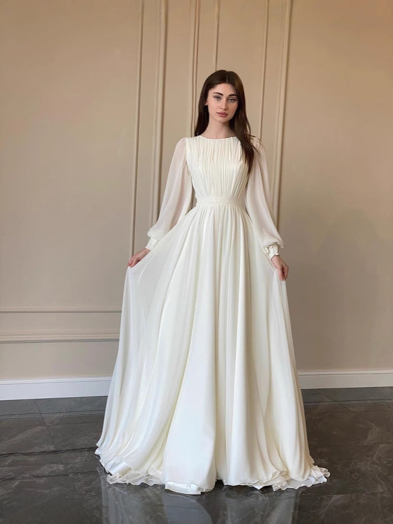 Gaun Pengantin Elegan Berkerah Bulat dengan Lengan Lonceng Panjang, Gaun Maxi Menjuntai dari Kain Sifon Mutiara Berkilau dengan Panjang Menyentuh Lantai, Gaun Pesta Pernikahan Formal Tersedia dalam Berbagai Warna Ukuran S-XXL