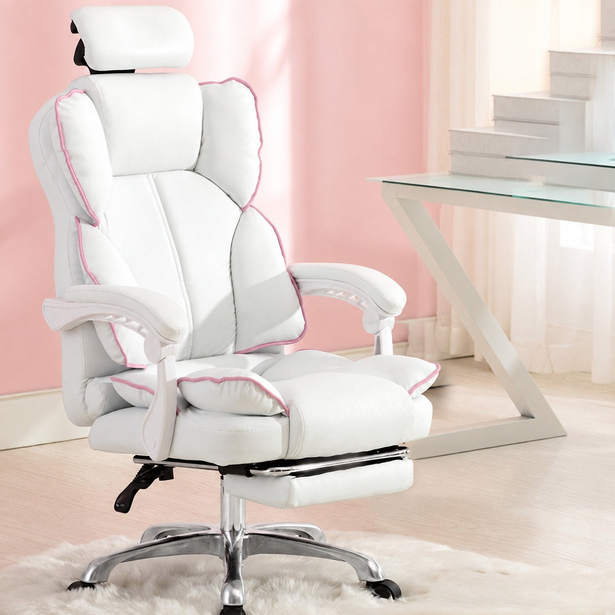 JY Pink Gaming Chair with Footrest and Headrest for Home Office Study Desk and Long Sitting Sessions