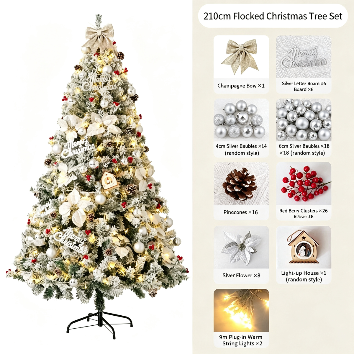 Pre-Lit Artificial Christmas Tree Set, Flocked Holiday Tree with Stand for Home Mall and Window Decor