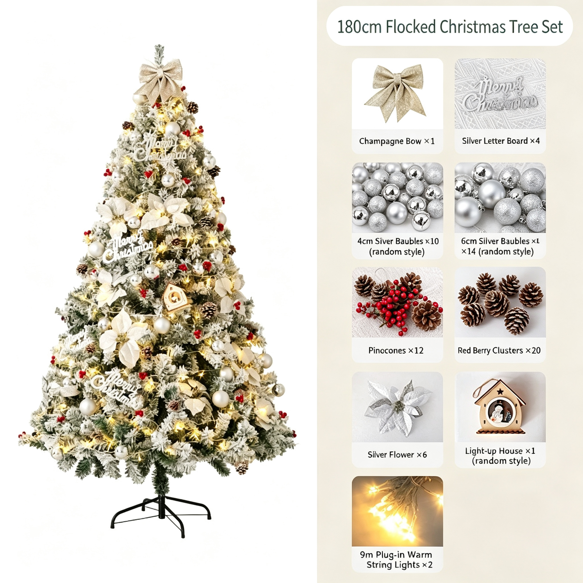 Pre-Lit Artificial Christmas Tree Set, Flocked Holiday Tree with Stand for Home Mall and Window Decor