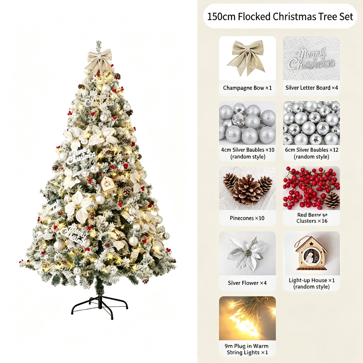 Pre-Lit Artificial Christmas Tree Set, Flocked Holiday Tree with Stand for Home Mall and Window Decor