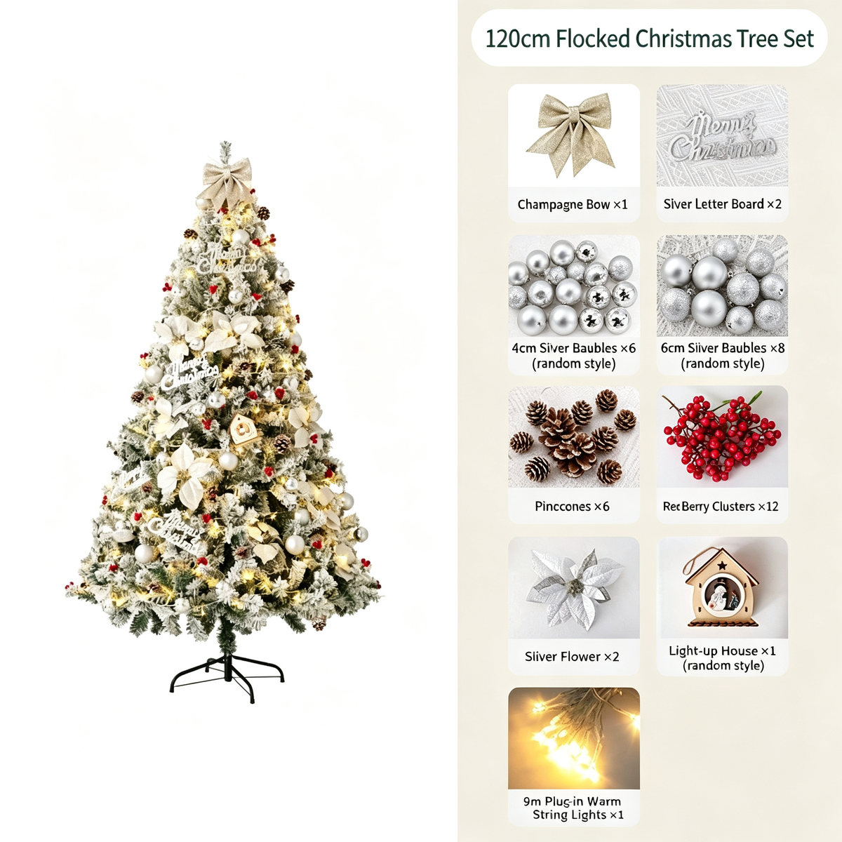 Pre-Lit Artificial Christmas Tree Set, Flocked Holiday Tree with Stand for Home Mall and Window Decor