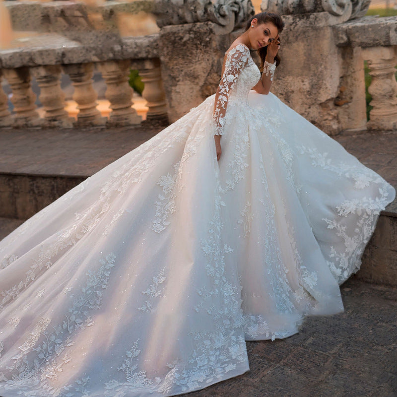 Gaun Pengantin A-Line Lengan Panjang Illusion V-Neck dengan Aplikasi Bunga | Gaun Pengantin Ball Gown dengan Pilihan Ekor Chapel & Panjang Menyapu Lantai