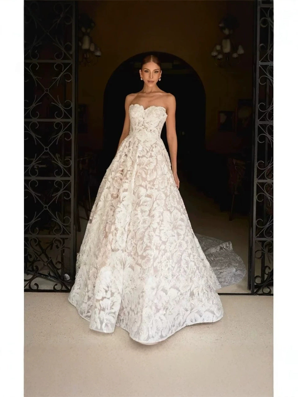 Strapless Floral Lace A-Line Ballgown Wedding Dress | Sweetheart Neck Floor Length Bridal Gown with Embroidery