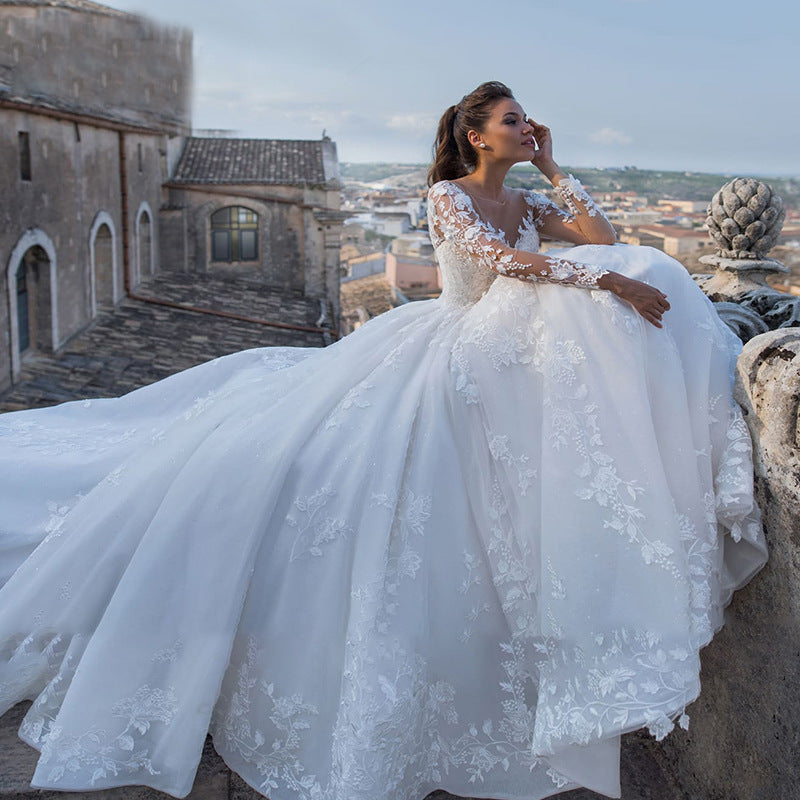 V Neck Illusion Long Sleeve Lace Wedding Dress | Floral Appliqué Ball Gown Bridal Gown With Chapel Train & Floor Length Options