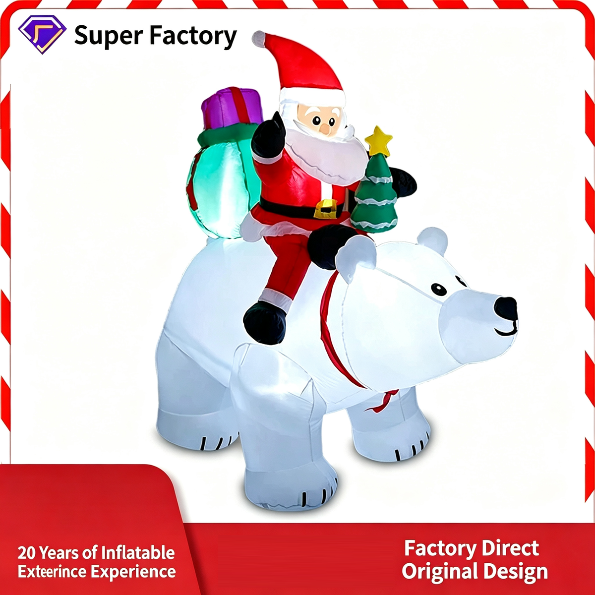 Santa Riding Polar Bear LED Inflatable Decor, Large Outdoor Yard Display with Lighted Holiday Scene