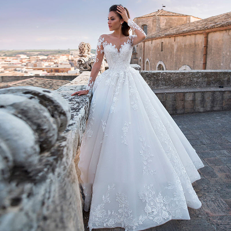 V Neck Illusion Long Sleeve Lace Wedding Dress | Floral Appliqué Ball Gown Bridal Gown With Chapel Train & Floor Length Options
