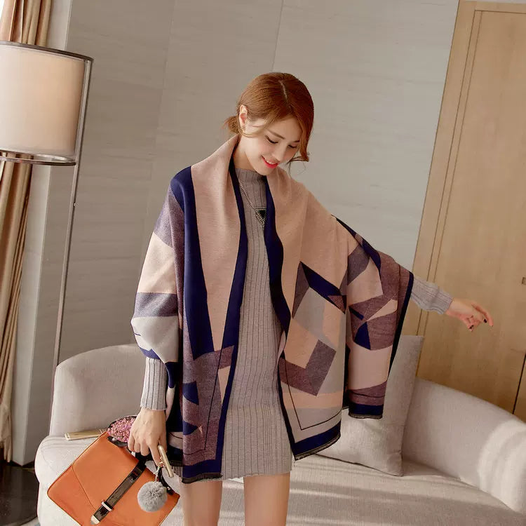 Women's Fall Winter Longline Thickened Fleece-Lined Korean-Style Knit Shawl for Office and Travel Evening Gift Holiday Gift