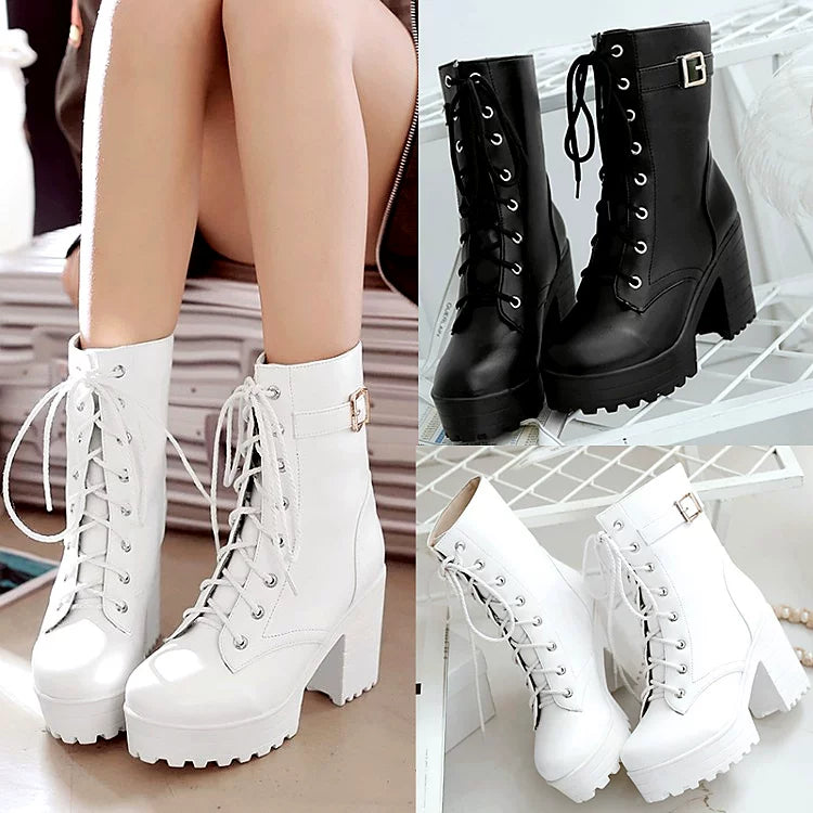 Women's White Plus Size Lace-Up Martin Combat Boots Ankle for Fall Outfits Streetwear Winter Office and Weekend Everyday Wear