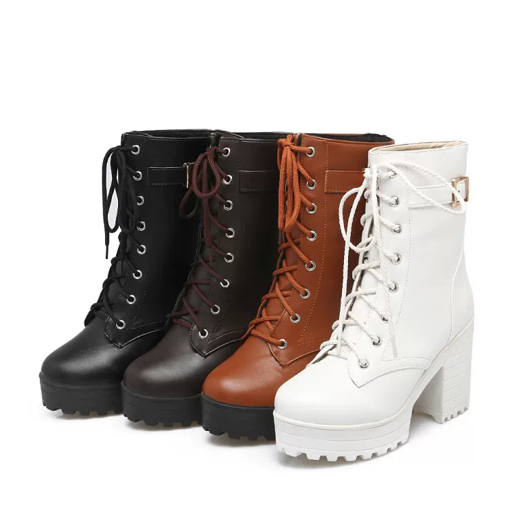 Women's White Plus Size Lace-Up Martin Combat Boots Ankle for Fall Outfits Streetwear Winter Office and Weekend Everyday Wear