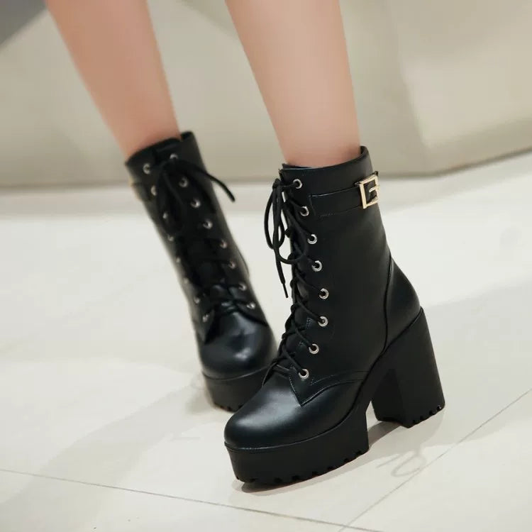 Women's Round Toe High Heel Plus Size Lace-Up Martin Combat Boots Ankle for Fall Outfits Streetwear Winter Office and Weekend Everyday Wear