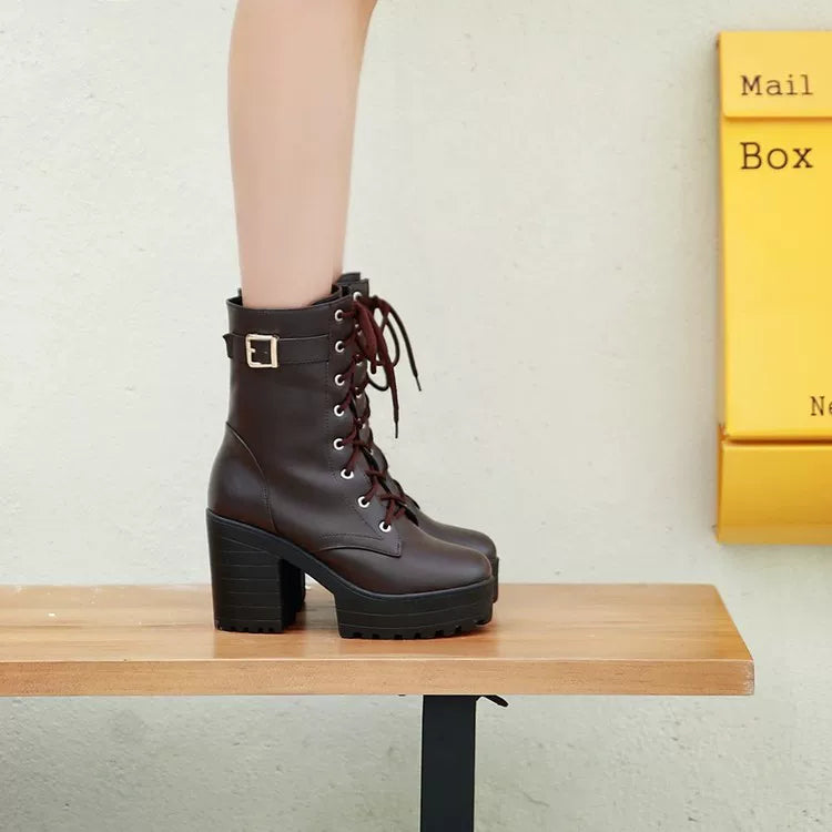 Women's Round Toe High Heel Plus Size Lace-Up Martin Combat Boots Ankle for Fall Outfits Streetwear Winter Office and Weekend Everyday Wear