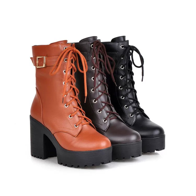 Women's Round Toe High Heel Plus Size Lace-Up Martin Combat Boots Ankle for Fall Outfits Streetwear Winter Office and Weekend Everyday Wear