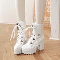 Women's Thickened Fleece-Lined Block Heel High Heel Martin Combat Boots for Fall Outfits Streetwear Winter Office and Weekend Everyday Wear