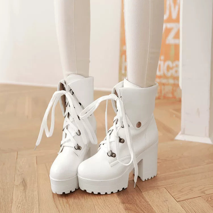 Women's Thickened Fleece-Lined Block Heel High Heel Martin Combat Boots for Fall Outfits Streetwear Winter Office and Weekend Everyday Wear