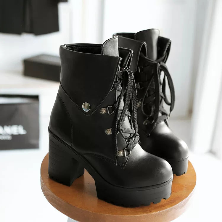 Women's Thickened Fleece-Lined Block Heel High Heel Martin Combat Boots for Fall Outfits Streetwear Winter Office and Weekend Everyday Wear