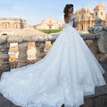 V Neck Illusion Long Sleeve Lace Wedding Dress | Floral Appliqué Ball Gown Bridal Gown With Chapel Train & Floor Length Options