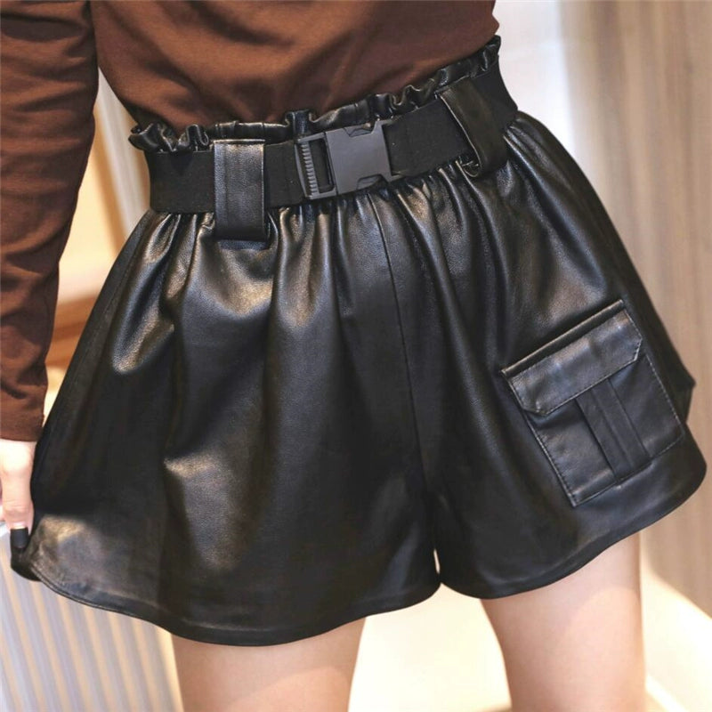 Women's Stretch Cargo Pocket Workwear Cropped Outdoor Casual Leather-Look Pants Wide-Leg for Office Outfits Business Travel Comfort Weekend Everyday