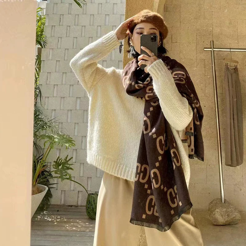 Women's Fall Winter Longline Thickened Fleece-Lined Korean-Style Knit Shawl for Office and Travel Evening Gift Holiday Gift