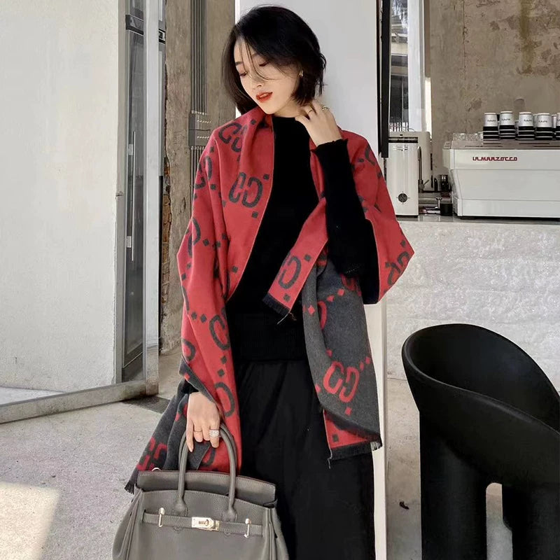 Women's Fall Winter Longline Thickened Fleece-Lined Korean-Style Knit Shawl for Office and Travel Evening Gift Holiday Gift