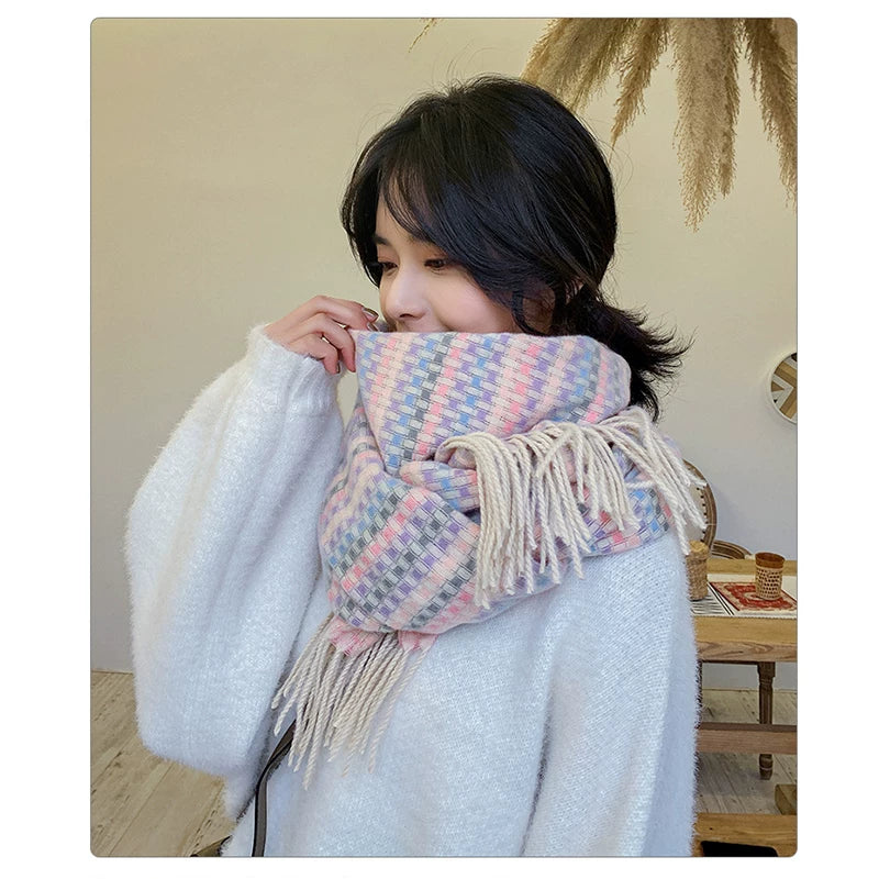 Women's Winter Plaid Thickened Fleece-Lined Korean-Style Tweed-Style Knit Shawl for Office and Travel Evening Gift Holiday Gift