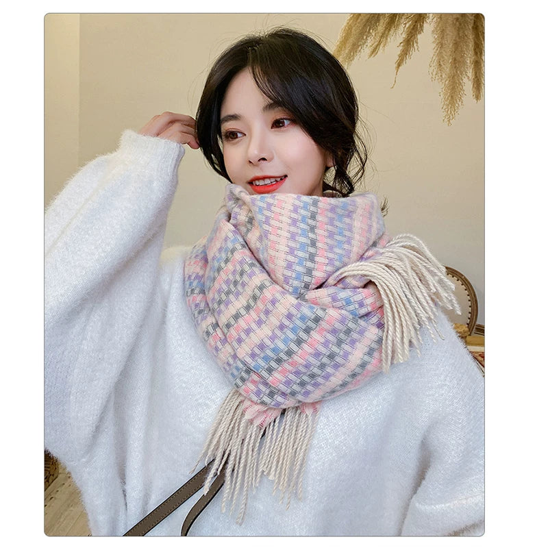 Women's Winter Plaid Thickened Fleece-Lined Korean-Style Tweed-Style Knit Shawl for Office and Travel Evening Gift Holiday Gift