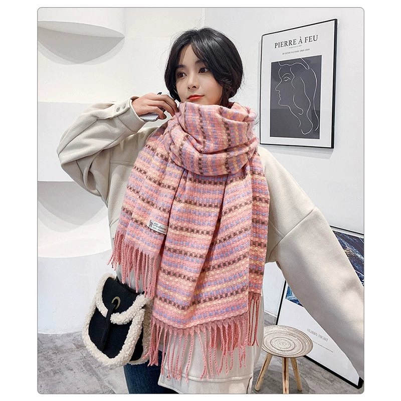 Women's Winter Plaid Thickened Fleece-Lined Korean-Style Tweed-Style Knit Shawl for Office and Travel Evening Gift Holiday Gift