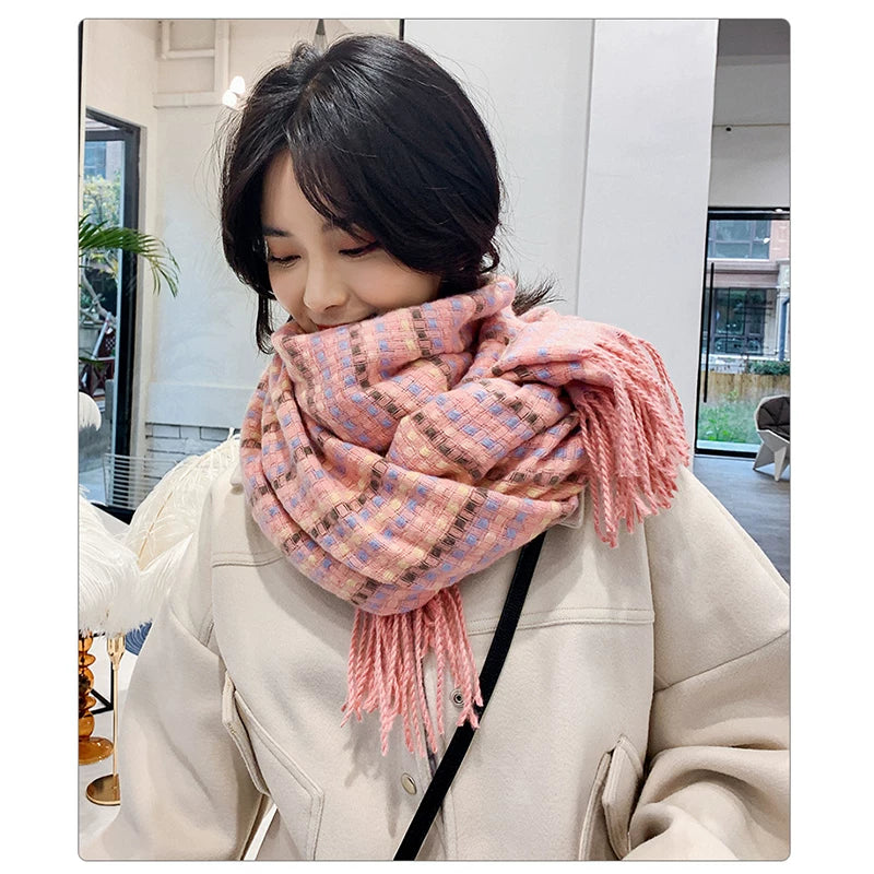 Women's Winter Plaid Thickened Fleece-Lined Korean-Style Tweed-Style Knit Shawl for Office and Travel Evening Gift Holiday Gift