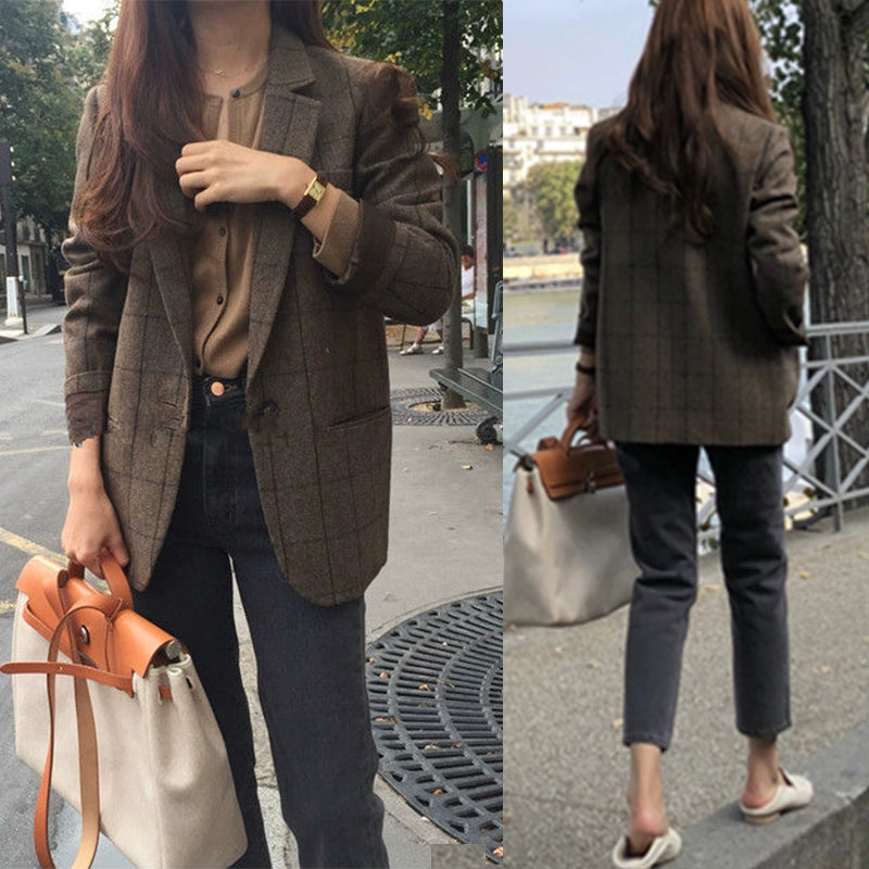 Women's Slim-Fit Plaid Oversized British-Style Korean-Style Blazer Office Workwear Jacket Business Casual Holiday Date Night Spring Fall