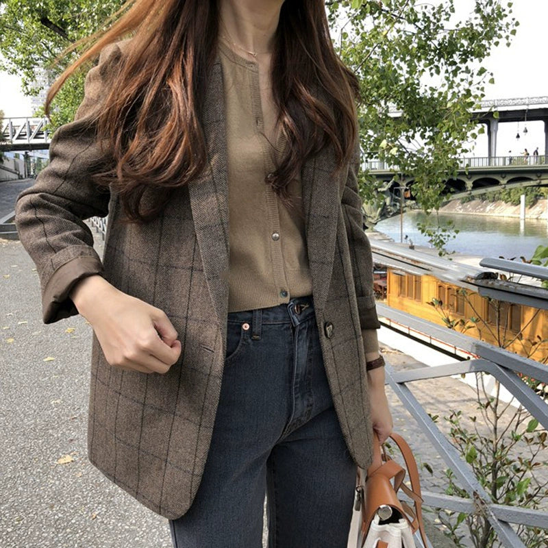 Women's Slim-Fit Plaid Oversized British-Style Korean-Style Blazer Office Workwear Jacket Business Casual Holiday Date Night Spring Fall