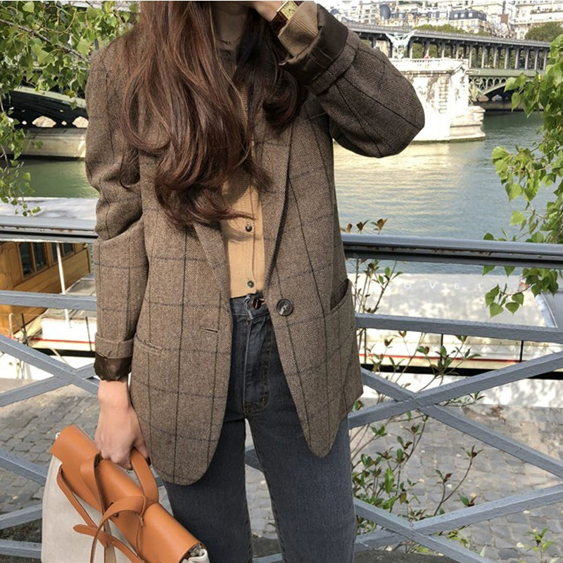 Women's Slim-Fit Plaid Oversized British-Style Korean-Style Blazer Office Workwear Jacket Business Casual Holiday Date Night Spring Fall