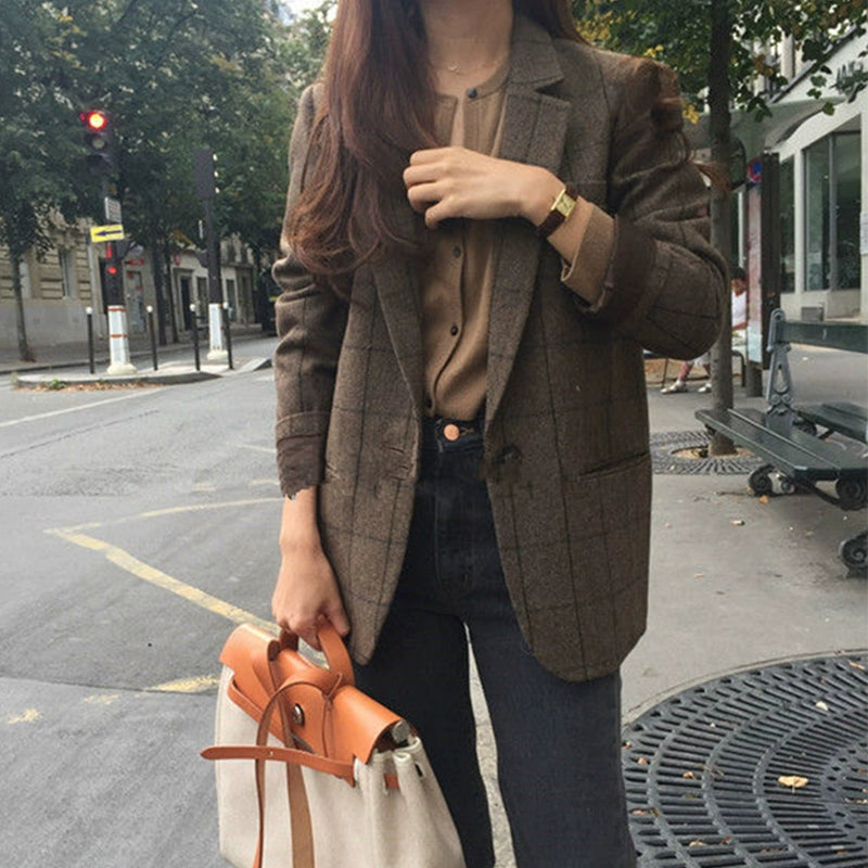 Women's Slim-Fit Plaid Oversized British-Style Korean-Style Blazer Office Workwear Jacket Business Casual Holiday Date Night Spring Fall