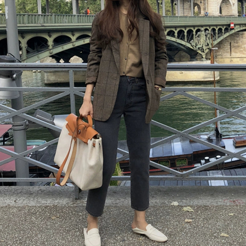 Women's Slim-Fit Plaid Oversized British-Style Korean-Style Blazer Office Workwear Jacket Business Casual Holiday Date Night Spring Fall