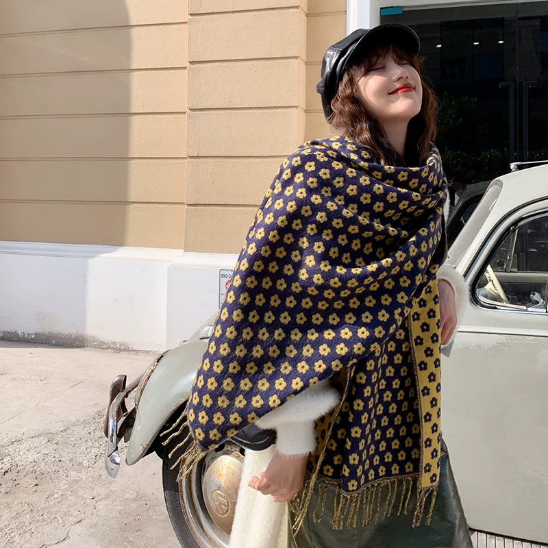 Women's Fall Winter Floral Fleece-Lined Korean-Style Knit Shawl for Office and Travel Evening Gift Holiday Gift