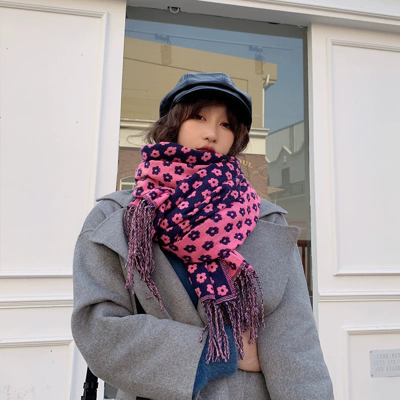 Women's Fall Winter Floral Fleece-Lined Korean-Style Knit Shawl for Office and Travel Evening Gift Holiday Gift