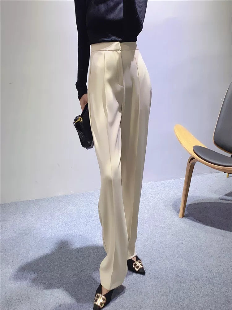 Women's Spring Summer Straight White Draped Workwear High-waist Slim-fit Casual Wide-leg Pants for Office Outfits Business Travel Comfort Slimming Weekend