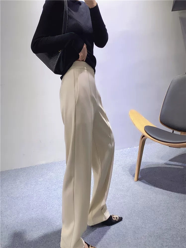 Women's Spring Summer Straight White Draped Workwear High-waist Slim-fit Casual Wide-leg Pants for Office Outfits Business Travel Comfort Slimming Weekend