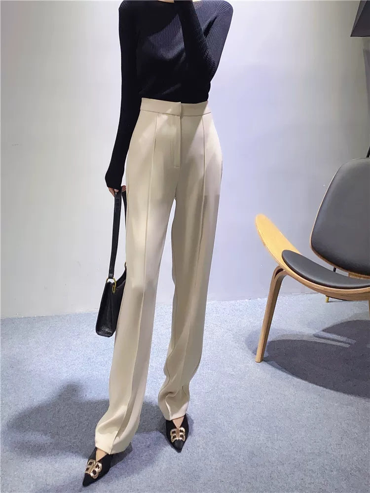 Women's Spring Summer Straight White Draped Workwear High-waist Slim-fit Casual Wide-leg Pants for Office Outfits Business Travel Comfort Slimming Weekend