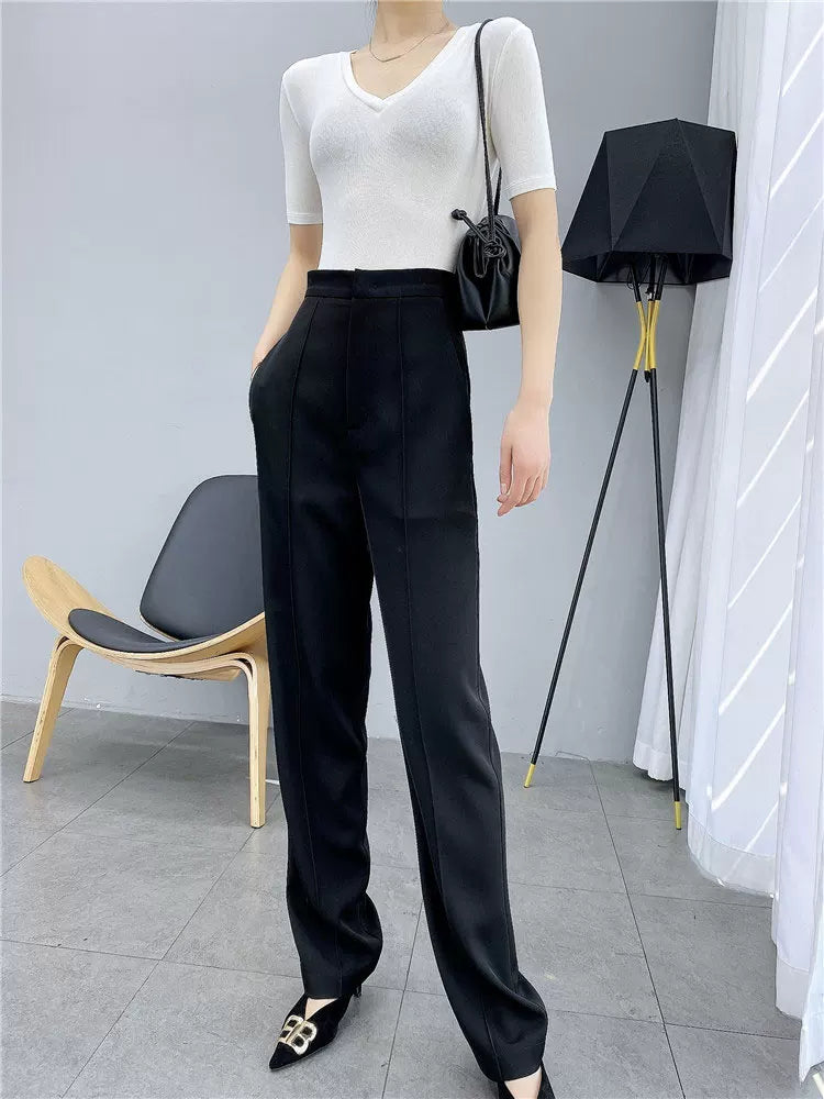 Women's Spring Summer Straight White Draped Workwear High-waist Slim-fit Casual Wide-leg Pants for Office Outfits Business Travel Comfort Slimming Weekend