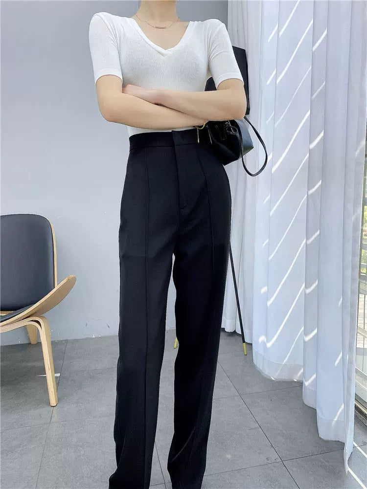 Women's Spring Summer Straight White Draped Workwear High-waist Slim-fit Casual Wide-leg Pants for Office Outfits Business Travel Comfort Slimming Weekend